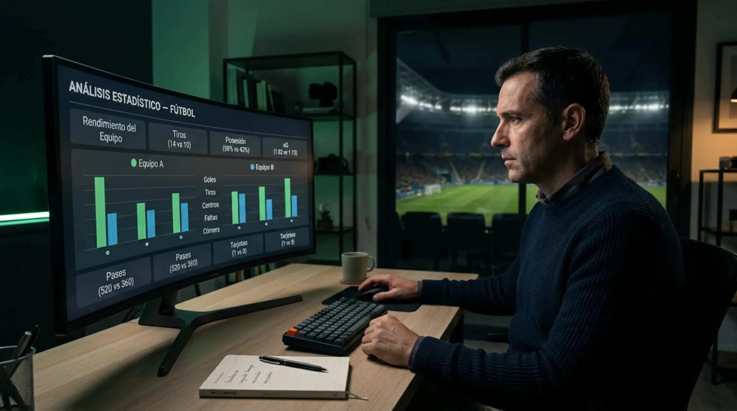 Analista revisando datos estadísticos de partidos de fútbol en pantalla con gráficos de rendimiento deportivo