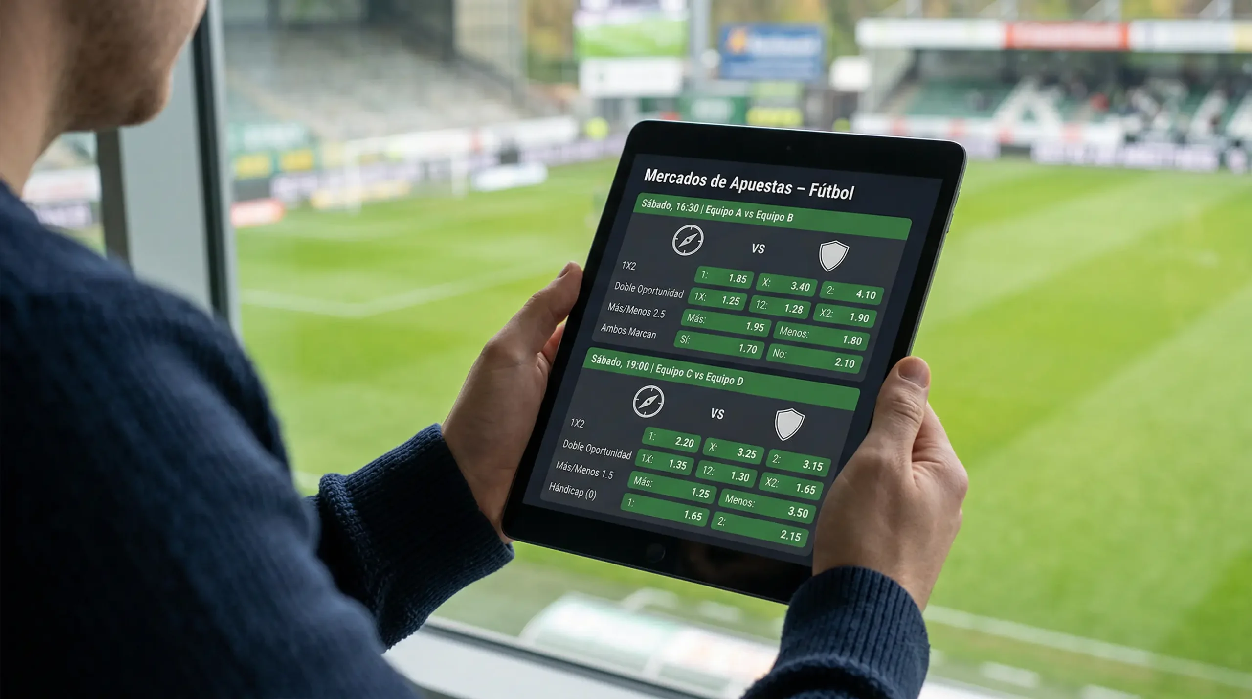 Pantalla de aplicación de apuestas mostrando diferentes mercados disponibles para un partido de fútbol profesional