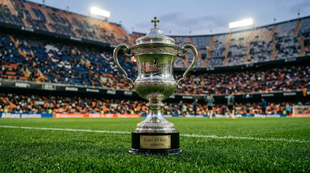 Trofeo de la Copa del Rey sobre césped de estadio de fútbol