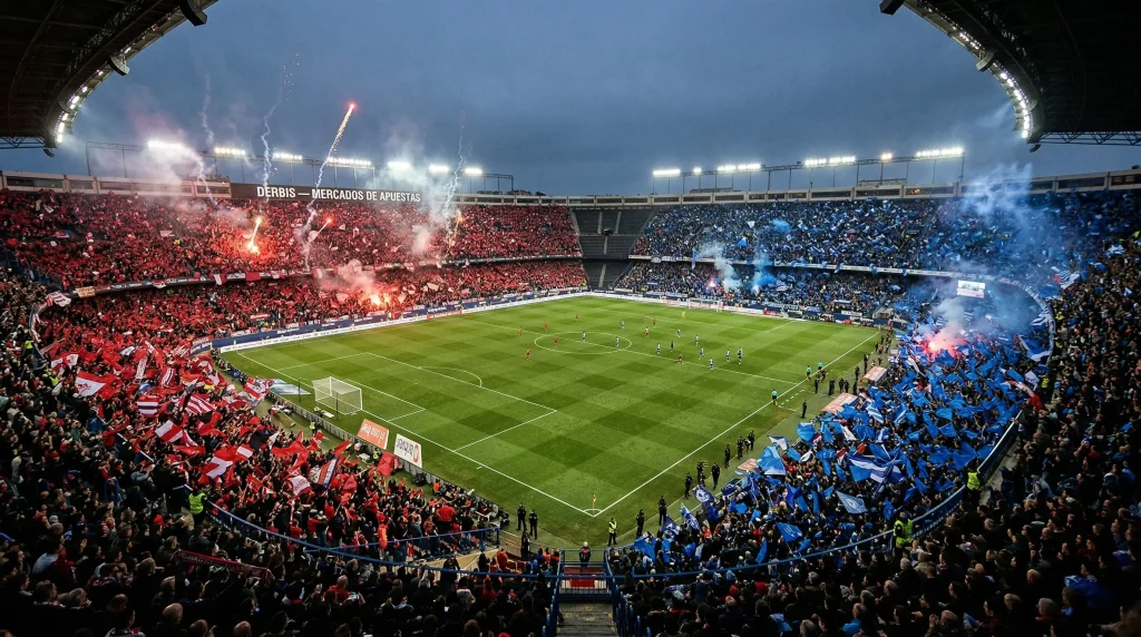 Estadio de futbol lleno con dos aficiones rivales separadas por colores en las gradas
