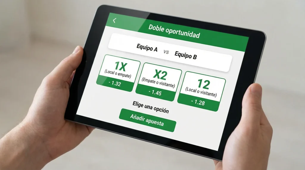 Pantalla de casa de apuestas mostrando opciones 1X X2 y 12 en mercado de futbol