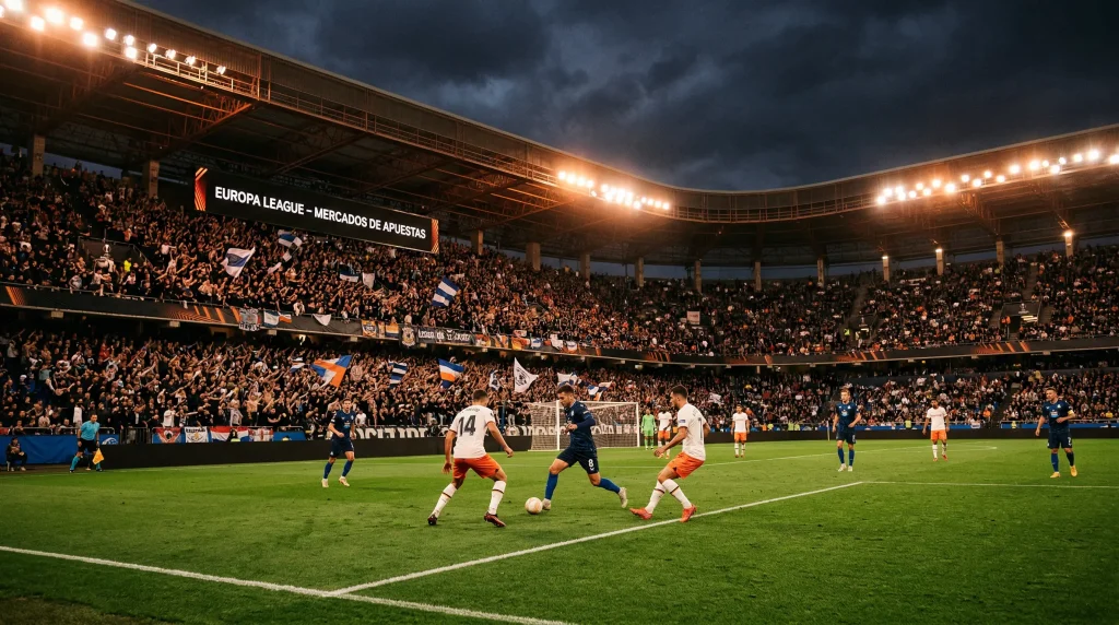 Partido nocturno de Europa League con focos del estadio iluminando el campo