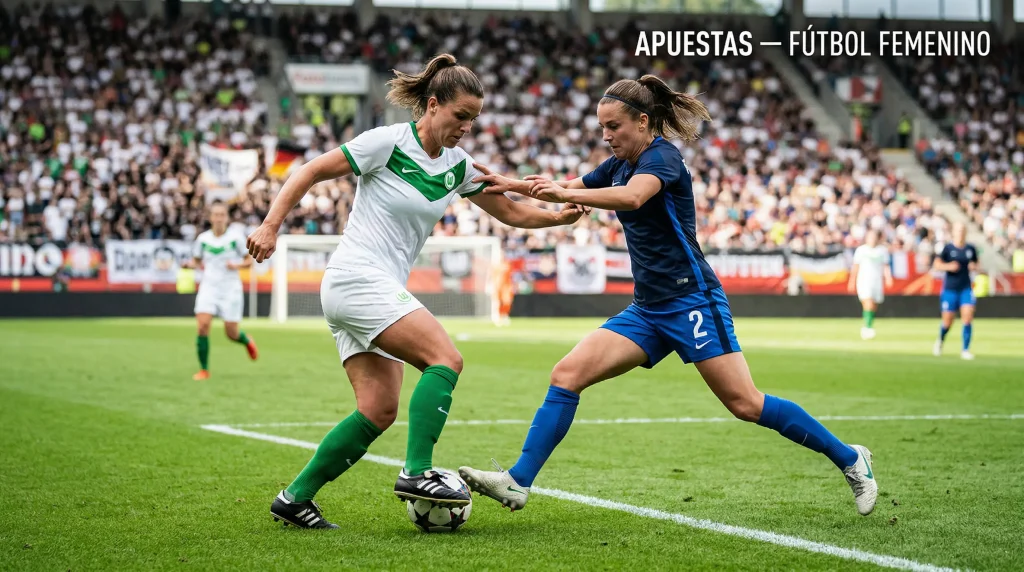 Partido de futbol femenino profesional con jugadoras disputando balon en campo de cesped