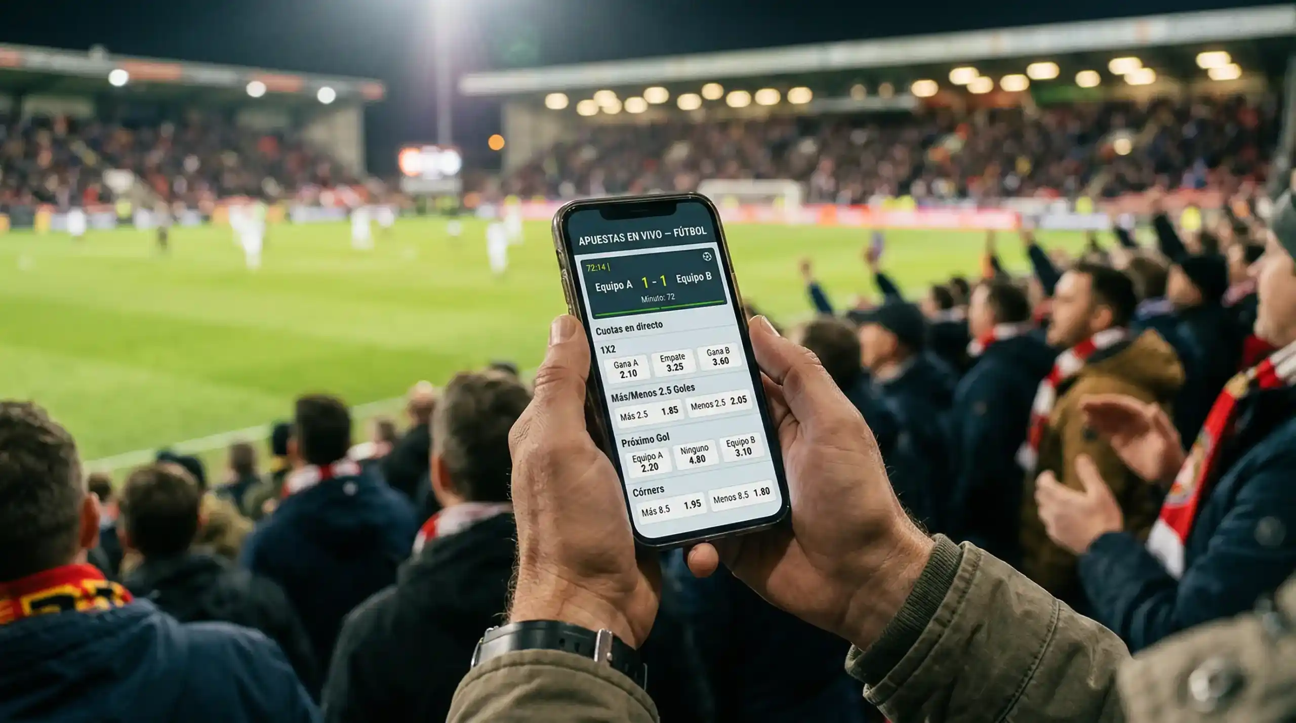 Aficionado consultando cuotas en vivo en su smartphone mientras ve un partido de fútbol en el estadio