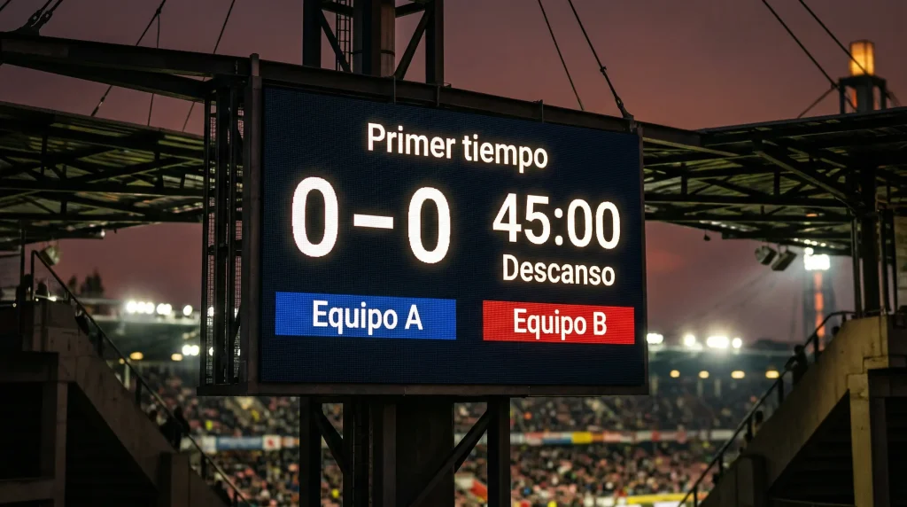 Marcador electronico de estadio mostrando 0-0 al descanso con reloj en minuto 45