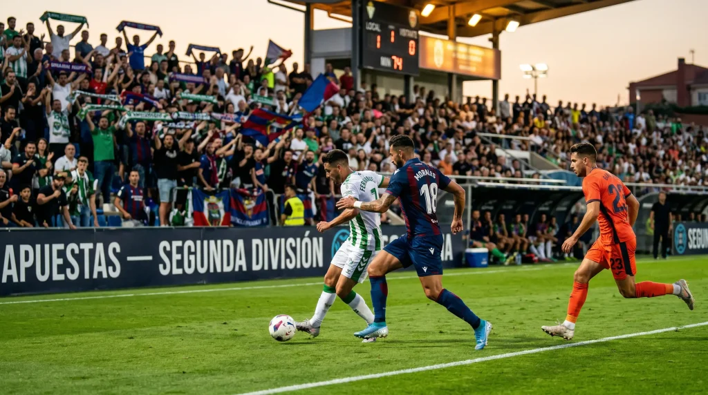 Estadio de Segunda División con gradas llenas y campo de fútbol iluminado