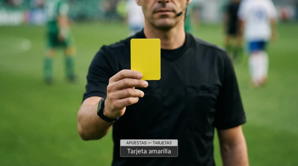 Árbitro de fútbol mostrando tarjeta amarilla durante un partido