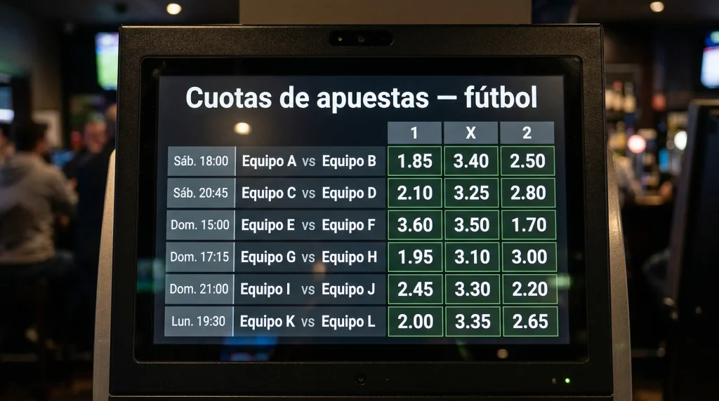 Pantalla mostrando cuotas de apuestas de fútbol con números decimales