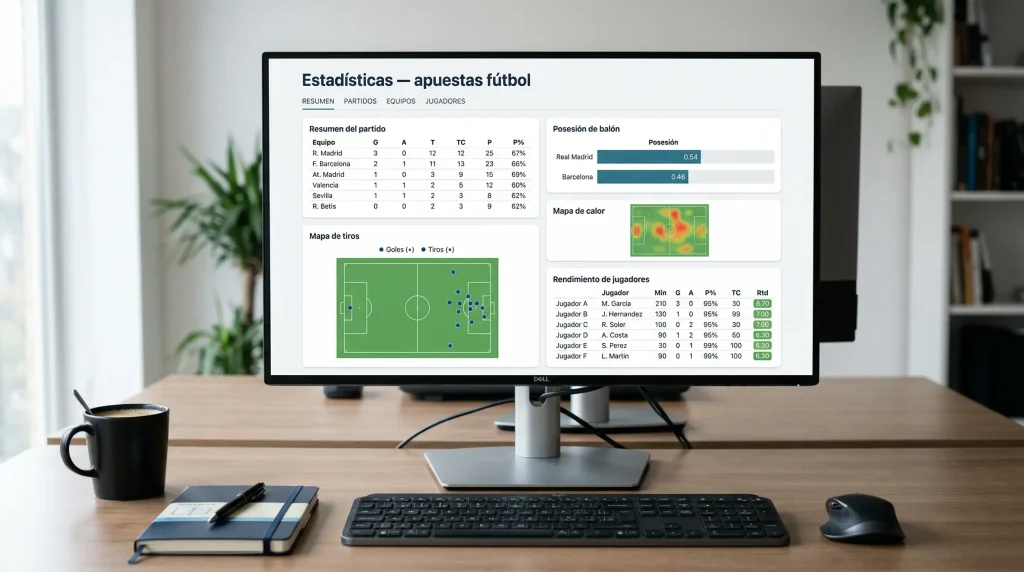 Pantalla de ordenador mostrando graficos y tablas de estadisticas de partido de futbol