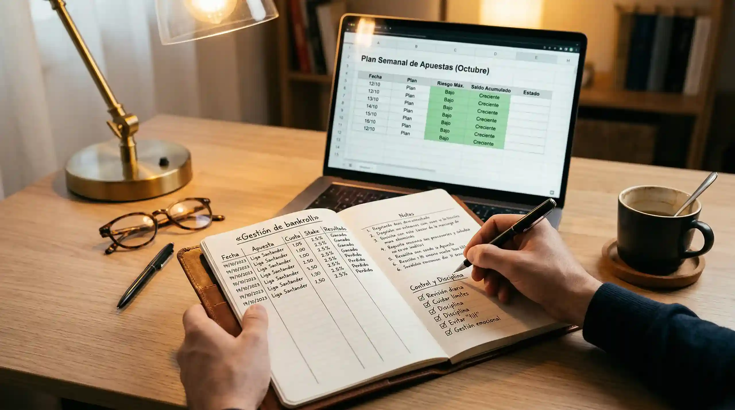 Persona anotando sus apuestas en una libreta junto a un portátil mostrando un historial de resultados