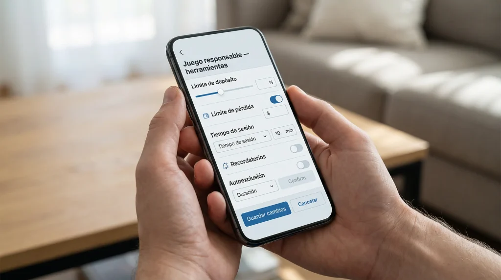 Manos de persona configurando limites de deposito en pantalla de movil con app de apuestas
