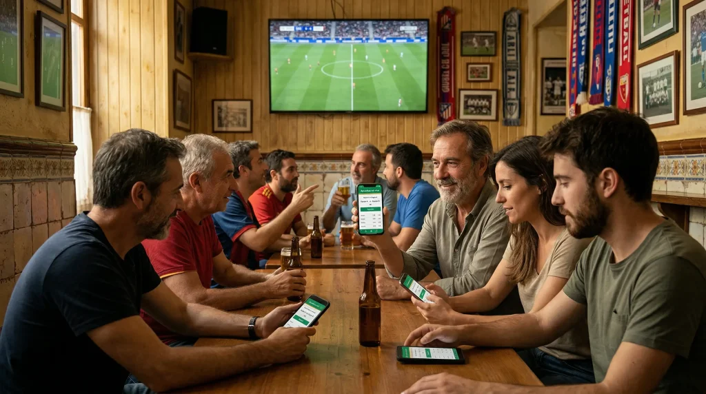 Grupo diverso de aficionados espanoles viendo partido de futbol en bar con moviles en mano