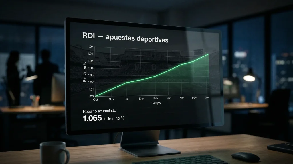 Gráfico de rentabilidad con línea ascendente sobre fondo de estadio de fútbol